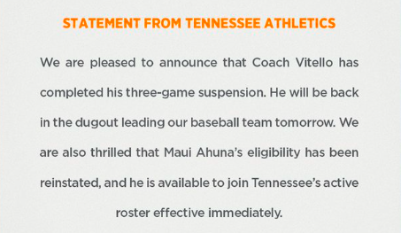 Tony Vitello to return to Tennessee baseball after serving suspension -  VolReport